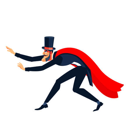 Magician or Professional showman in a red cloak and hat. Showman spreading hands, show begins. Cartoon character Vector illustration on a white background.のイラスト素材