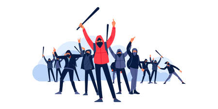 Hooligans with a bat and a Molotov cocktail attack and fight during riots on the street city. Protesters throw stones and smoke bombs at police officers. Flat vector illustrationのイラスト素材