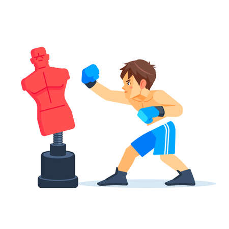 Boxer boy training with punching dummy. Teenager boxing, hitting a Punching bag - mannequin. Fitness, sport, training, will power and lifestyle concept. Cartoon vector illustration on white backgroundのイラスト素材