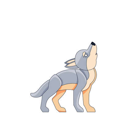Little wolf cub howls in the sky. Cartoon character of a dangerous mammal animal. A wild forest creature with gray fur. Side view. Vector flat illustration isolated on a white backgroundのイラスト素材