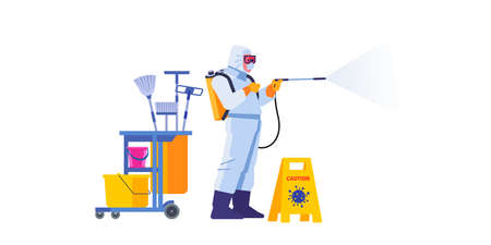 Disinfectant worker wear protective mask and suit sprays coronavirus or covid-19. Flat style design vector illustration isolated on white background.のイラスト素材