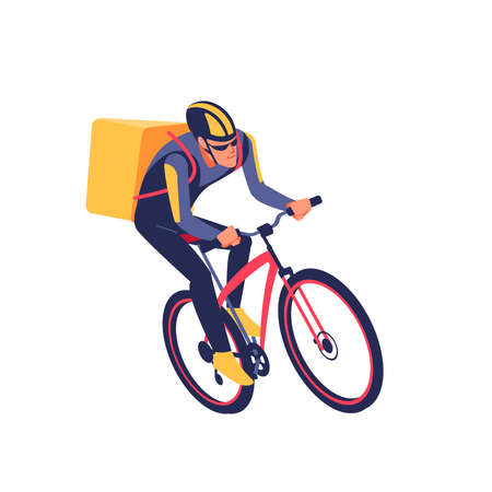 Courier in sportswear with bicycle delivering packages in city. Delivery man riding fast electric bike. Delivery service from cafes and restaurants concept. Flat vector illustrationのイラスト素材