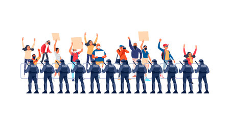 Group riot police with protective gear and shields. Peaceful rights protest, activists with placards, manifestation, men and women parade participation. Cartoon Flat style vector illustrationのイラスト素材