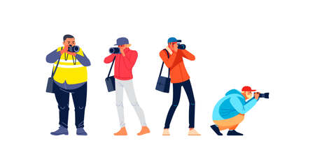 Photographers or paparazzi taking photo. Photojournalist, cameraman documenting war and conflict, street riots. Characters Journalist reporters making pictures. Cartoon flat style vector illustrationのイラスト素材