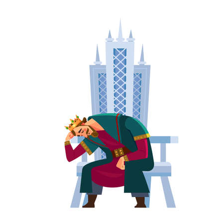 Tired king character sleeps on the throne. Confused, sweaty, exhausted, crumpled, overworked emotion. Emperor, Monarch, ruler of the medieval king. Cartoon flat style vector illustration.のイラスト素材