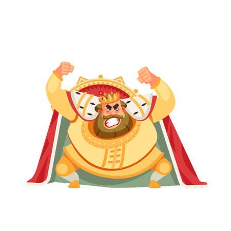 Angry king character shouting before the throne. Anger emotion, in rage, boiled, raging, furious, frenzied, heated. Tyrant, Emperor, Monarch, medieval king. Cartoon Flat style vector illustration.のイラスト素材