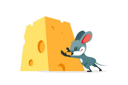 The cartoon mouse wants to steal the cheese and struggles to push the big heavy cheese. Vector illustration isolated on white backgroundのイラスト素材