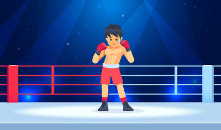 The boy champion boxer enjoys his victory in the ring and raises his gloves after winning. Professional boxing among young guys. Cartoon vector illustrationのイラスト素材