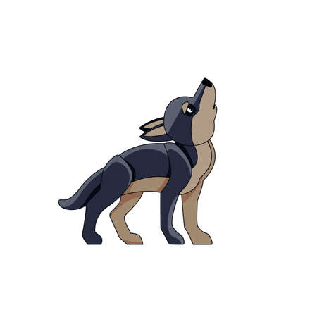 Black wolf cub howls in the sky. Cartoon character of a kid mammal animal. A wild forest creature with dark fur. Side view. Vector flat illustration isolated on a white backgroundのイラスト素材