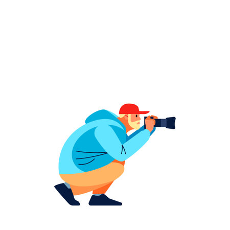 Press photographer takes photos with a professional camera. Paparazzi taking photo. Cameraman documenting war and conflict, street riots. Journalist reporter making pictures. Flat vector illustrationのイラスト素材