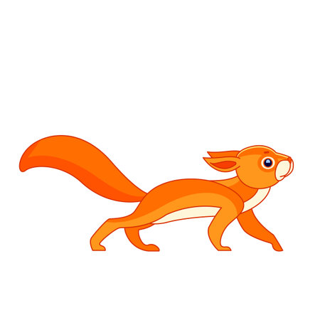 Squirrel watches curiously from above. Cartoon character of an rodent mammal animal. A wild forest creature with orange fur. Side view. Vector flat illustration isolated on a white backgroundのイラスト素材