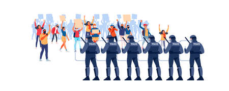 Crowds of people at a demonstration for human rights. Police in Riot Gear Holding the Line. Angry men and women protest, holding placards. Protesters at a political rally. Vector flat illustrationのイラスト素材