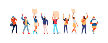 Protesting people-activists at the rally with placards and masks. The protest movement on the picket against the violation of human rights. Cartoon characters vector illustration isolated on a whiteのイラスト素材