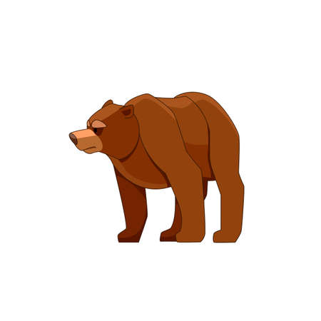 Bear looking and walking. Cartoon character of big mammal animal. Wild forest creature with brown fur. Vector flat illustration isolated on white backgroundのイラスト素材