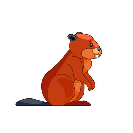 The beaver is asleep. Cartoon character of a small mammal animal. A wild forest creature with brown fur. Side view. Vector flat illustration isolated on a white backgroundのイラスト素材