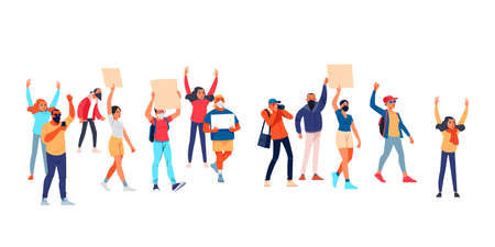 Activists with placards, peaceful rights protest, manifestation, men and women parade participation. Parade rights, adult picket and strike. People hold banners. Cartoon Flat vector illustration.のイラスト素材