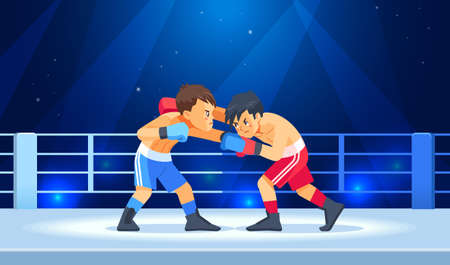 Professional Boxing among boys on ring. Teen boxing, kickboxing children on arena. Young Boxers fight with these adult emotions. Concept of sports and healthy lifestyle. Cartoon vector illustrationのイラスト素材