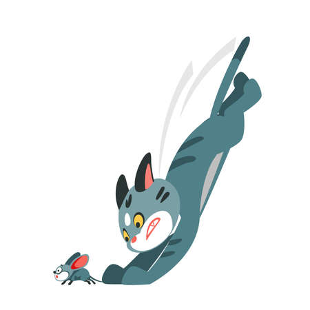 Cartoon cat on the hunt caught a small mouse. Vector illustration of a character isolated on a white backgroundのイラスト素材