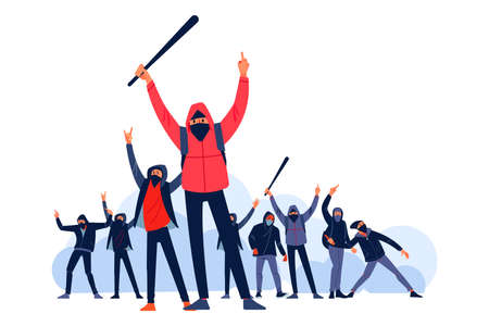 Protesters throws stones toward police during city streets riots. Male characters with a bat and a Molotov cocktail Attack and fight in the unrests. Flat style characters vector illustration isolatedのイラスト素材