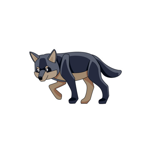 Young wolf cub is looking for prey. Cartoon character of a dangerous mammal animal. A wild forest creature with dark fur. Side view. Vector flat illustration isolated on a white backgroundのイラスト素材