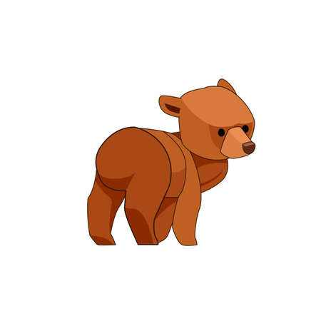 The bear cub walks and looks around in surprise. Rear view. Cartoon character of a baby mammal animal. A wild forest creature with brown fur. Vector flat illustration isolated on a white backgroundのイラスト素材