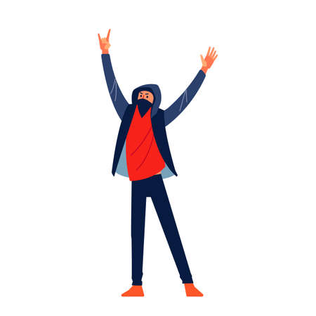Protesting man with black mask and hood marching In protest, screaming angry, protesting and demanding political freedoms. Flat character design vector illustration isolated on white backgroundのイラスト素材