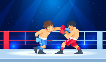 A young boxer blocks a punch in the ring. Teenage boys begin to train their boxing skills in the arena. Friends in gloves, fighting. Sports, martial arts concept cartoon vector illustrationのイラスト素材