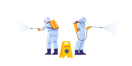 Disinfection by cleaning service. Prevention controlling epidemic of coronavirus covid-2019. Worker in chemical protection disinfects the house. Cartoon style vector illustration designのイラスト素材