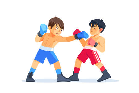 Teen boys training boxing skills. Friends wearing gloves, fighting. Sport, martial arts concept cartoon vector illustration isolated on white backgroundのイラスト素材