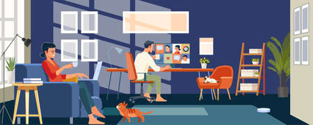 Working at home. Man and woman employee speak talk on video call with colleagues on online briefing, worker have Webcam group conference with coworkers. Flat style Vector Illustrationのイラスト素材