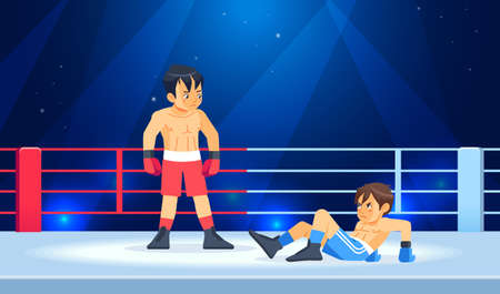 Winner and a loser boxers on the arena. Beaten boxer lying on the floor during a boxing battle, having a knockdown on the ring. Professional Boxing among boys. Cartoon vector illustrationのイラスト素材