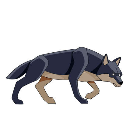Black wolf watches for potential prey. Cartoon character of a dangerous mammal animal. A wild forest creature with dark fur. Side view. Vector flat illustration isolated on a white backgroundのイラスト素材
