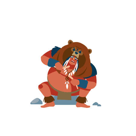 Bear man eats meat. Native peoples of America. Native American Tribe Member warrior character with war mask and bear skin. Series Of Cartoon Characters isolated on white background. illustration.のイラスト素材