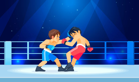 A young fighter or boxer loses and gets hit in the face by a knockdown or knockout in the boxing ring during a fight. Cartoon character, flat vector style illustrationのイラスト素材