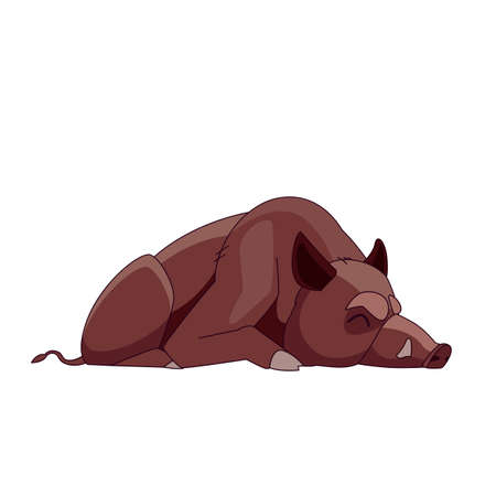 Wild boar sleeping or dead. Cartoon character of an adult mammal animal. A wild forest creature with brown fur. Side view. Vector flat illustration isolated on a white backgroundのイラスト素材