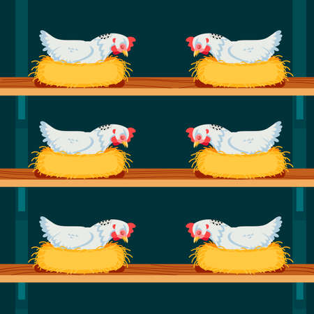 The hens is hatching the egg in the coop. White Chicken is sleeping and is hatching the eggs. Cartoon vector illustrationのイラスト素材