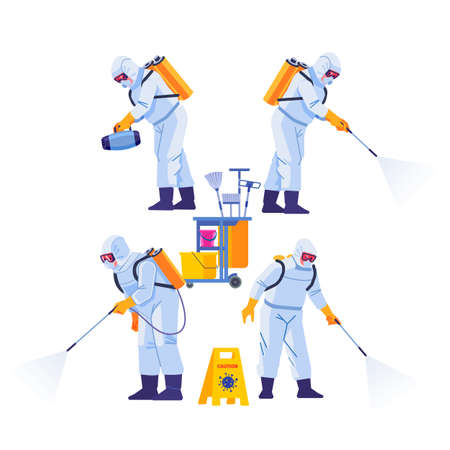 COVID-21 Coronavirus disinfect. Disinfecting workers wear protective masks and spacesuits against pandemic coronavirus or covid-19 sprays. Cartoon style vector illustration isolated backgroundのイラスト素材
