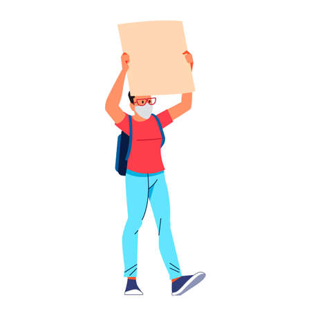 Protesting man with placard marching In protest with banner, screaming angry, protesting and demanding political freedoms. Flat character design vector illustration isolated on white backgroundのイラスト素材