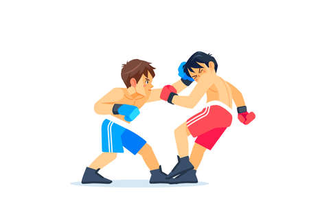 A young boxer or fighter loses and gets hit in the face by a knockdown or knockout in the boxing ring during a fight. Cartoon character, flat vector style illustrationのイラスト素材