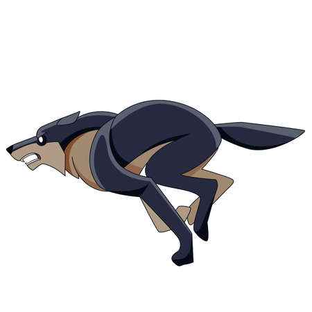 Wolf is running very fast. Cartoon character of a dangerous mammal animal. A wild forest creature with dark fur. Side view. Vector flat illustration isolated on a white backgroundのイラスト素材