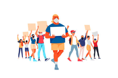 Peaceful rights protest. Protester man holding empty banner. Men and women parade participation. Parade rights, adult picket and strike. People hold banners. Cartoon Flat style vector illustration.のイラスト素材
