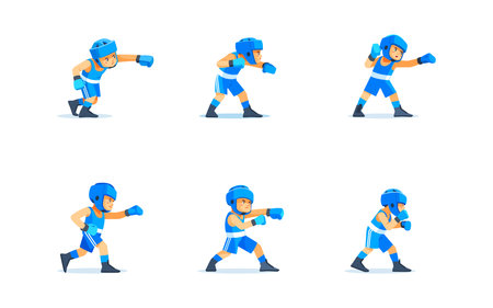 Cute boy Boxer character design in different poses. Cartoon vector illustration isolated on white backgroundのイラスト素材