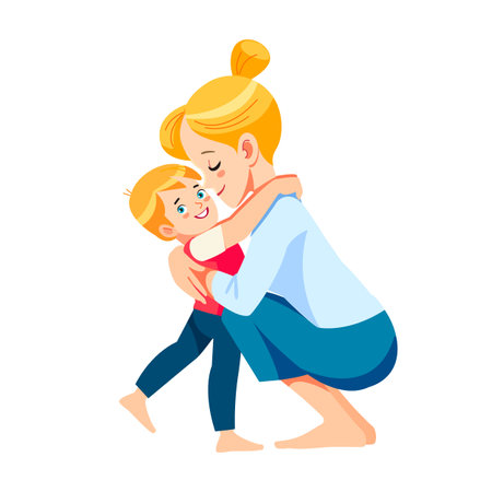 European mother and child. The blonde mother embraces the blue-eyed boy with great love and tenderness. Mothers Day is a concept of a holiday. Cartoon flat isolated vector designのイラスト素材