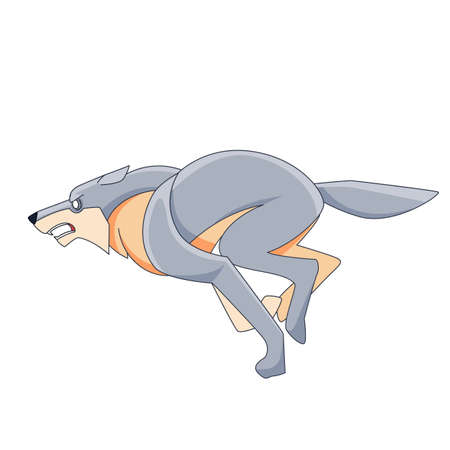 White Wolf is running very fast. Cartoon character of a dangerous mammal animal. A wild forest creature with grey fur. Side view. Vector flat illustration isolated on a white backgroundのイラスト素材