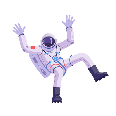 Astronaut or spacemen character with Hands Up and Waving Hello. Cosmonaut dancing, funny gesture. Cartoon vector illustration isolated in white backgroundのイラスト素材