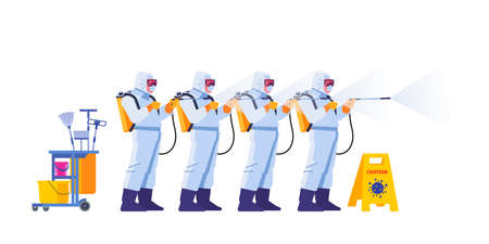 COVID-21 Coronavirus disinfect. Disinfecting workers wear protective masks and spacesuits against pandemic coronavirus or covid-19 sprays. Cartoon style vector illustration isolated backgroundのイラスト素材