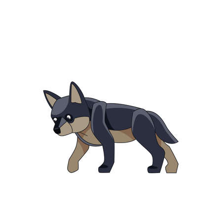 Wolf cub is looking for prey. Cartoon character of a dangerous mammal animal. A wild forest creature with dark fur. Side view. Vector flat illustration isolated on a white backgroundのイラスト素材