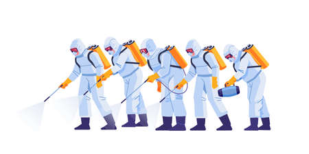 People in virus protective suits and mask disinfecting buildings of  virus with the sprayer. Home disinfection by cleaning service. Cartoon flat style illustration isolated on a white backgroundのイラスト素材