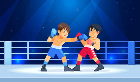 Box professional match among young boys. Teen boxing, kickboxing children on arena. Guys Boxers fight with these adult emotions. Concept of sports and healthy lifestyle. Cartoon vector illustrationのイラスト素材