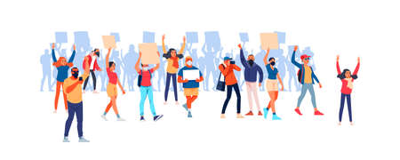 Parade rights, adult picket and strike. Activists with placards, peaceful rights protest, manifestation, men and women parade participation. People hold banners. Cartoon Flat vector illustrationのイラスト素材